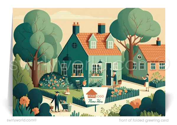 Retro vintage cottage houses neighborhood in springtime Spring greeting cards for Realtor® business professional marketing.