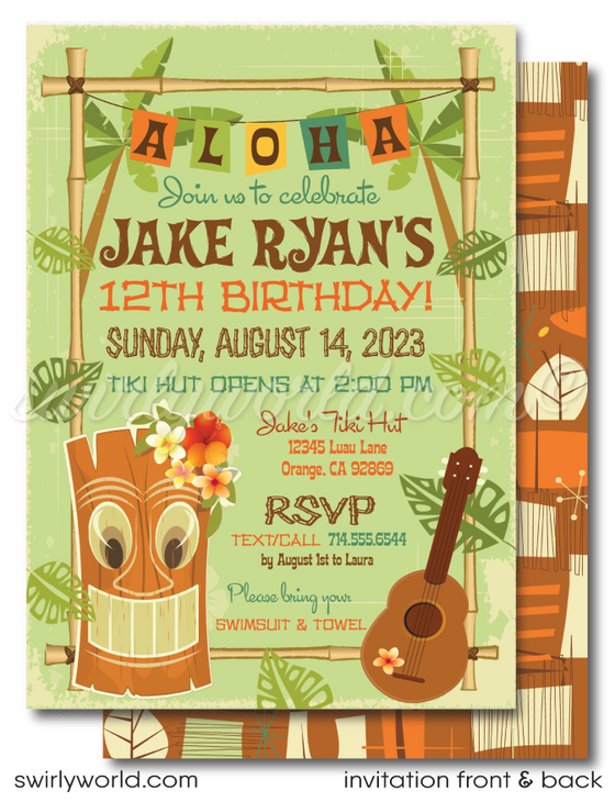 Retro 1960s mid-century modern Hawaiian tiki luau atomic birthday party invitations; digital invitation, thank you, & envelope design.