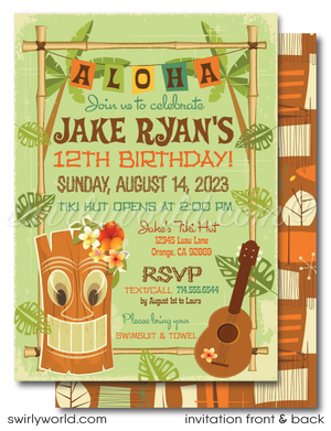 Retro 1960s mid-century modern Hawaiian tiki luau atomic birthday party invitations; digital invitation, thank you, & envelope design.