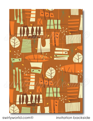 Retro 1960s mid-century modern Hawaiian tiki luau atomic birthday party invitations; digital invitation, thank you, & envelope design.