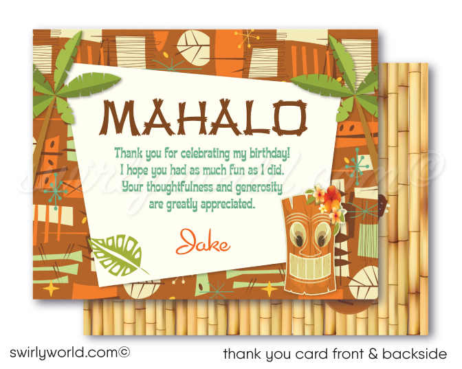 Retro 1960s mid-century modern Hawaiian tiki luau atomic birthday party invitations; digital invitation, thank you, & envelope design.