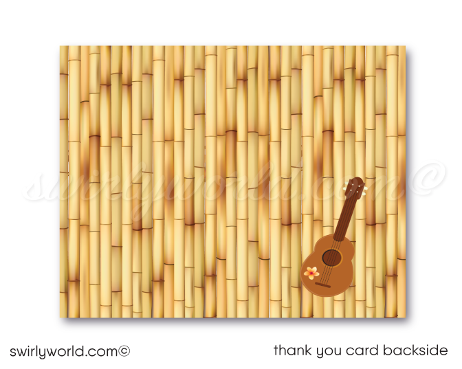 Retro 1960s mid-century modern Hawaiian tiki luau atomic birthday party invitations; digital invitation, thank you, & envelope design.