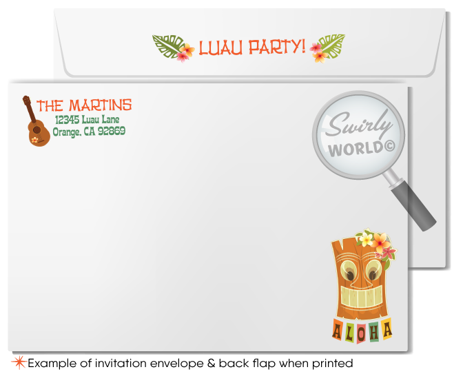 Retro 1960s mid-century modern Hawaiian tiki luau atomic birthday party invitations; printed invitation & envelope design.