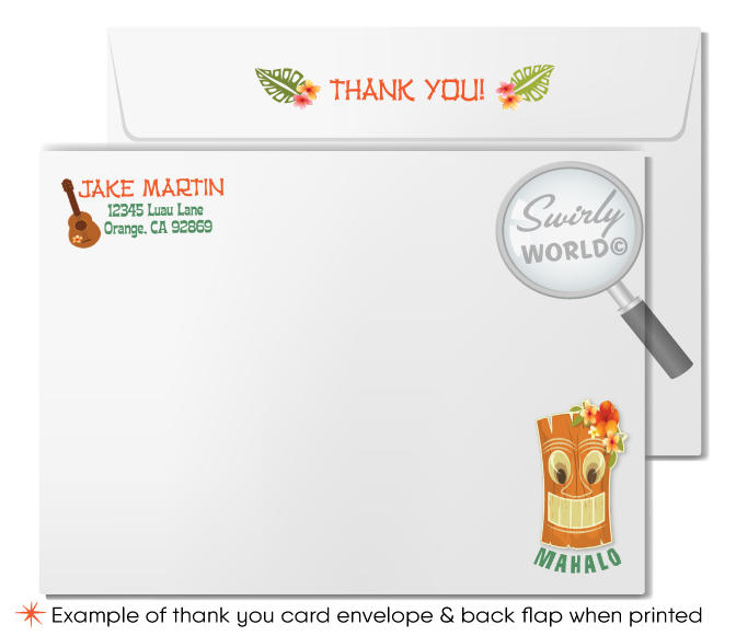 Retro 1960s mid-century modern Hawaiian tiki luau atomic birthday party invitations; digital invitation, thank you, & envelope design.