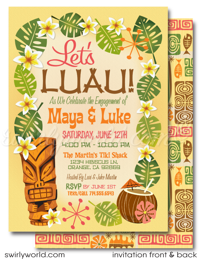 Retro 1960s mid-century modern Hawaiian tiki luau atomic engagement party invitations; digital invitation, thank you, & envelope design.
