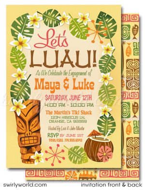 Retro 1960s mid-century modern Hawaiian tiki luau atomic engagement party invitations; digital invitation, thank you, & envelope design.