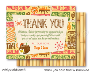 Retro 1960s mid-century modern Hawaiian tiki luau atomic engagement party invitations; digital invitation, thank you, & envelope design.