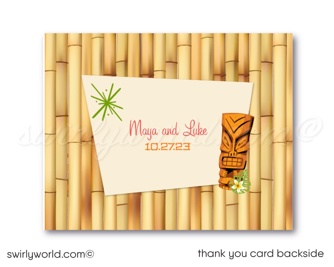 Retro 1960s mid-century modern Hawaiian tiki luau atomic engagement party invitations; digital invitation, thank you, & envelope design.