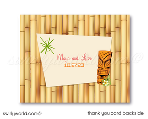 Retro 1960s mid-century modern Hawaiian tiki luau atomic engagement party invitations; digital invitation, thank you, & envelope design.