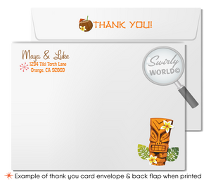 Retro 1960s mid-century modern Hawaiian tiki luau atomic engagement party invitations; digital invitation, thank you, & envelope design.