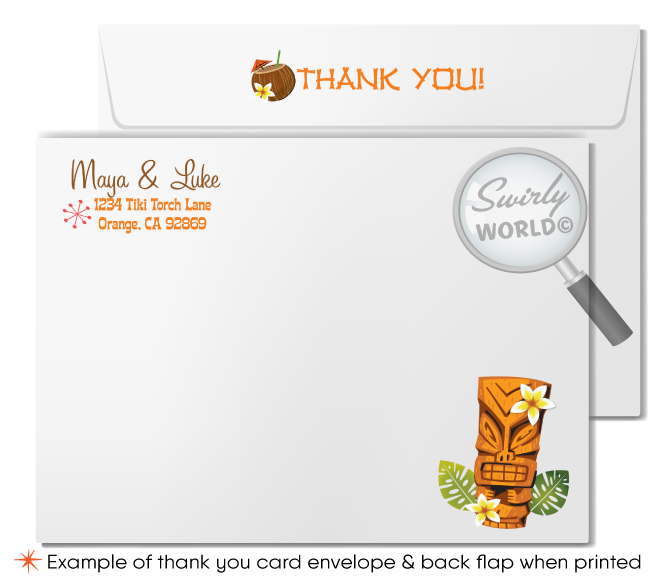 Retro 1960s mid-century modern Hawaiian tiki luau atomic engagement party invitations; digital invitation, thank you, & envelope design.