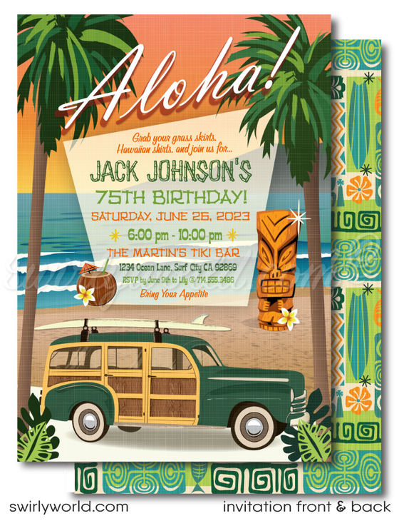 Retro 1960s mid-century modern Hawaiian tiki luau atomic birthday party invitations; digital invitation, thank you, & envelope design.Retro Mid-Century Modern 1960s Hawaiian Tiki Luau Party Invite Digital Download