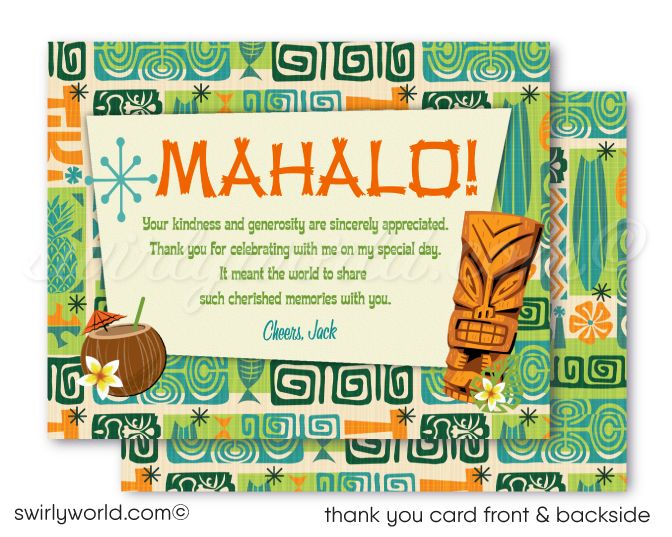 Retro Woody Surfer 1960s mid-century modern Hawaiian tiki luau atomic birthday party invitations; digital invitations for men.