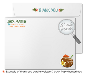 Retro 1960s mid-century modern Hawaiian tiki luau atomic birthday party invitations; digital invitation, thank you, & envelope design.Retro Mid-Century Modern 1960s Hawaiian Tiki Luau Party Invite Digital Download