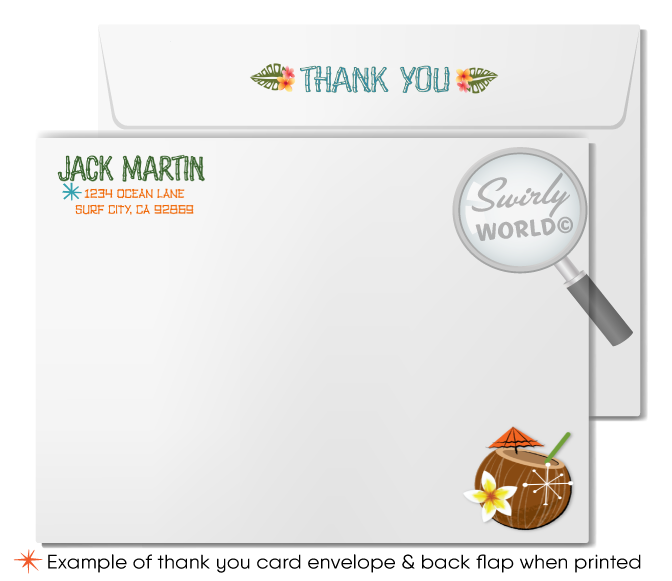 Retro 1960s mid-century modern Hawaiian tiki luau atomic birthday party invitations; digital invitation, thank you, & envelope design.Retro Woody Surfer 1960s mid-century modern Hawaiian tiki luau atomic birthday party invitations; digital invitations for men.
