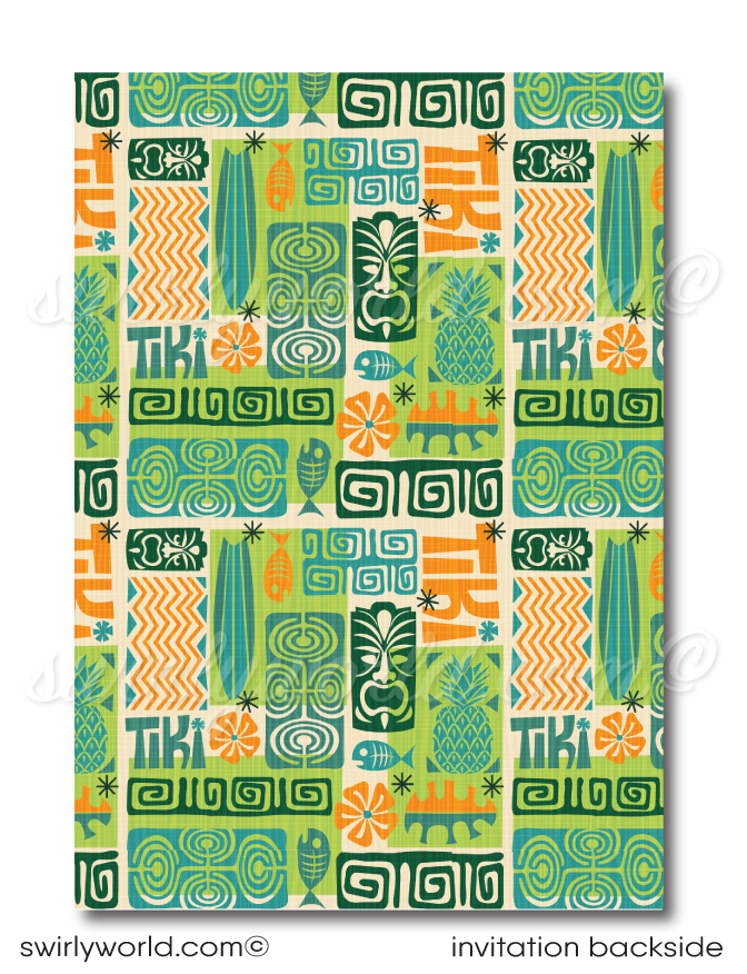 Retro 1960s mid-century modern Hawaiian tiki luau atomic birthday party invitations; digital invitation, thank you, & envelope design.Retro Mid-Century Modern 1960s Hawaiian Tiki Luau Party Invite Digital Download