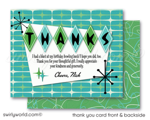 Retro 1950s vintage mid-century modern starburst green and blue bowling birthday party invitations; digital invitation, thank you, & envelope design.