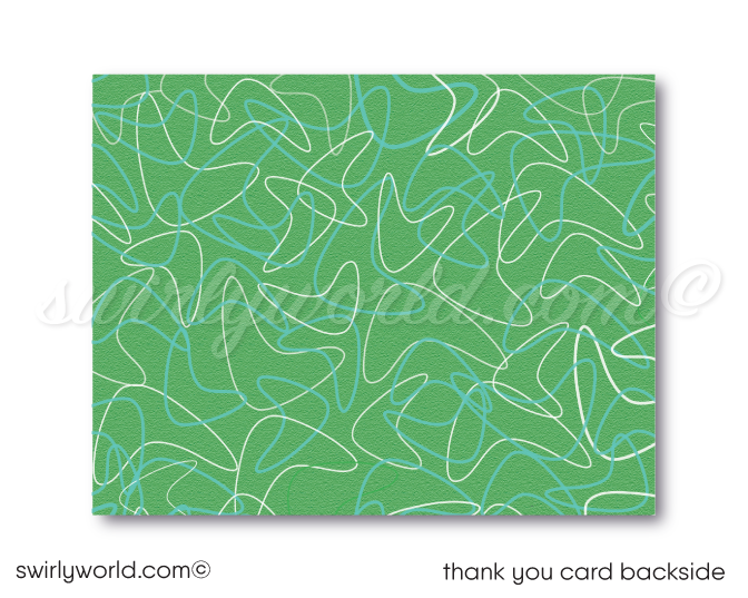 Retro 1950s vintage mid-century modern starburst green and blue bowling birthday party invitations; digital invitation, thank you, & envelope design.