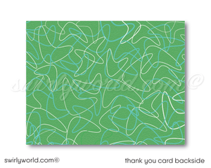 Retro 1950s vintage mid-century modern starburst green and blue bowling birthday party invitations; digital invitation, thank you, & envelope design.