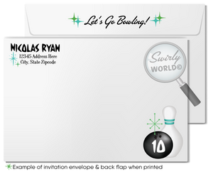 Retro 1950s vintage mid-century modern starburst green and blue bowling birthday party invitations; digital invitation, thank you, & envelope design.