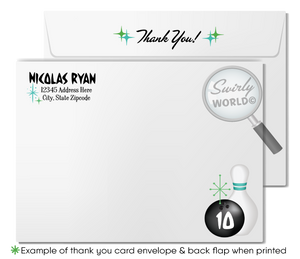 Retro 1950s vintage mid-century modern starburst green and blue bowling birthday party invitations; digital invitation, thank you, & envelope design.