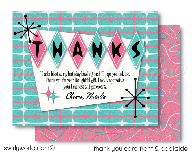 Retro 1950s vintage atomic mid-century mod starburst boomerang pink & aqua bowling birthday party invitations; digital invite, thank you, & envelope design.