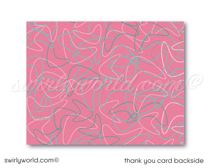 Retro 1950s vintage atomic mid-century mod starburst boomerang pink & aqua bowling birthday party invitations; digital invite, thank you, & envelope design.