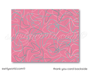 Retro 1950s vintage atomic mid-century mod starburst boomerang pink & aqua bowling birthday party invitations; digital invite, thank you, & envelope design.