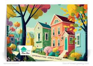 Retro modern colorful row houses neighborhood in springtime Spring greeting cards for Realtor® business professional marketing.
