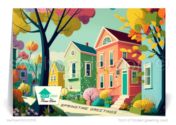 Retro modern colorful row houses neighborhood in springtime Spring greeting cards for Realtor® business professional marketing.