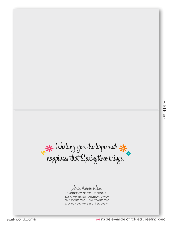 Retro modern colorful row houses neighborhood in springtime Spring greeting cards for Realtor® business professional marketing.