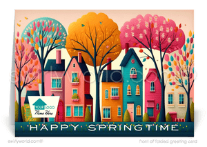 Whimsical spring card with vintage row houses, lush gardens, and a fairytale charm. Perfect for client connections with space for custom branding.