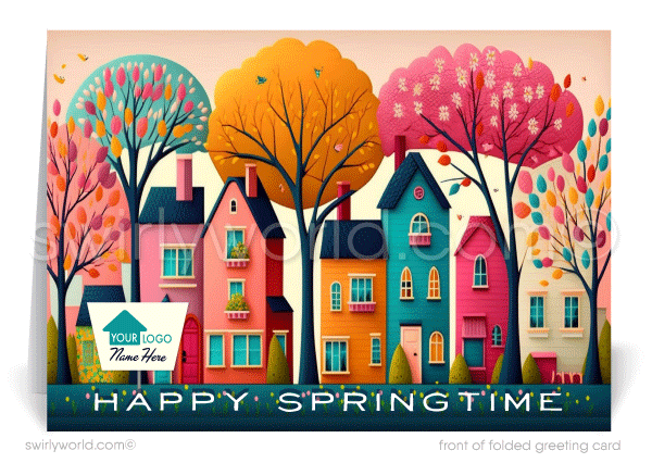 Whimsical spring card with vintage row houses, lush gardens, and a fairytale charm. Perfect for client connections with space for custom branding.
