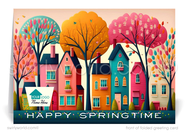 Retro modern colorful Victorian row houses neighborhood in springtime Spring greeting cards for Realtor® business professional marketing.