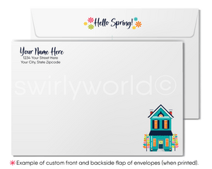 Spring Greeting Card – Vintage Row Houses with Blooming Gardens & Custom Branding