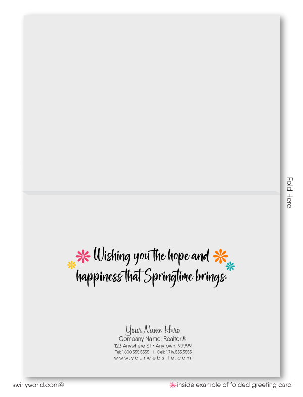 Whimsical spring card with vintage row houses, lush gardens, and a fairytale charm. Perfect for client connections with space for custom branding.