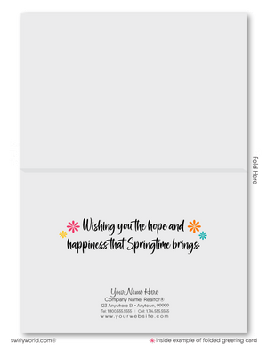 Retro modern colorful Victorian row houses neighborhood in springtime Spring greeting cards for Realtor® business professional marketing.