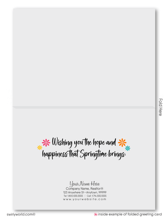 Whimsical spring card with vintage row houses, lush gardens, and a fairytale charm. Perfect for client connections with space for custom branding.