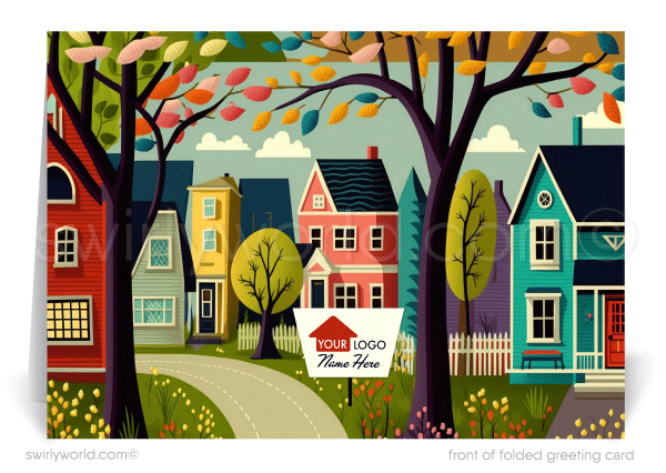 Retro modern colorful row houses neighborhood in springtime Spring greeting cards for Realtor® business professional marketing.