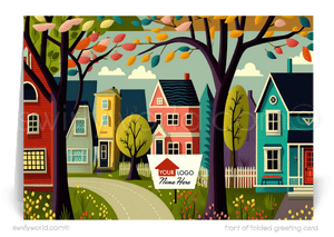 Retro modern colorful row houses neighborhood in springtime Spring greeting cards for Realtor® business professional marketing.