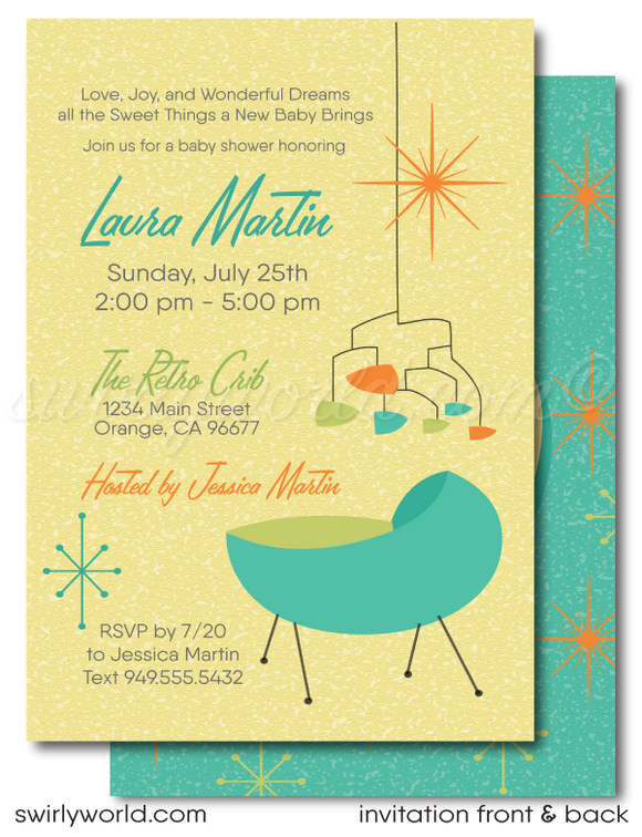Swanky 1960s MCM mid-century modern atomic starburst gender neutral baby shower invitations and thank you card digital download bundle!