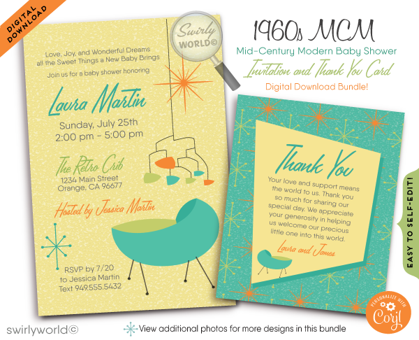 Swanky 1960s MCM mid-century modern atomic starburst gender neutral baby shower invitations and thank you card digital download bundle!