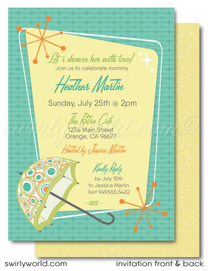 Celebrate your little one with our Vintage 1950s-1960s Mid-Century Modern Baby Shower Invitation Set! 🌟 Featuring atomic starbursts and MCM umbrella in retro colors. Includes invitations, thank you cards, and envelopes. Easily customizable with Corjl. Perfect for a stylish, gender-neutral retro-themed celebration! 🎉✨