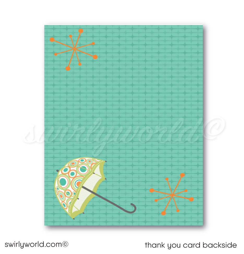 Atomic MCM 1960s mid-century modern starburst gender neutral baby shower printed thank you cards with envelopes.