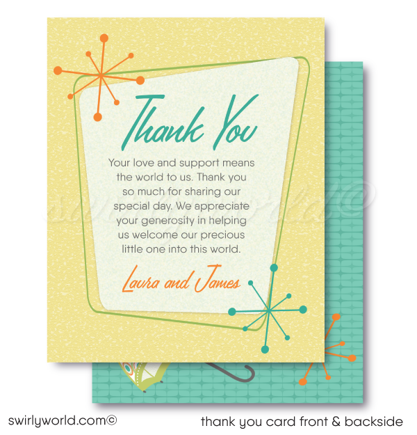 Swanky 1960s MCM mid-century modern atomic starburst gender neutral baby shower invitations and thank you card digital download bundle!