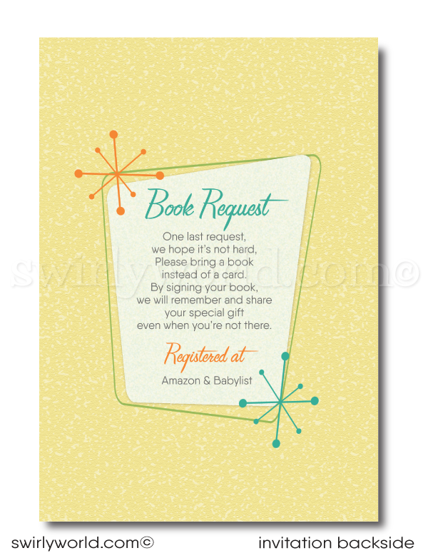 Celebrate your little one with our Vintage 1950s-1960s Mid-Century Modern Baby Shower Invitation Set! 🌟 Featuring atomic starbursts and MCM umbrella in retro colors. Includes invitations, thank you cards, and envelopes. Easily customizable with Corjl. Perfect for a stylish, gender-neutral retro-themed celebration! 🎉✨