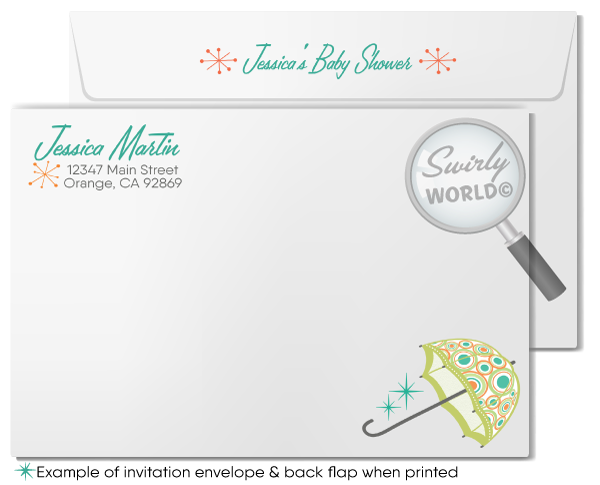 Swanky 1960s MCM mid-century modern atomic starburst gender neutral baby shower printed invitations and envelopes.