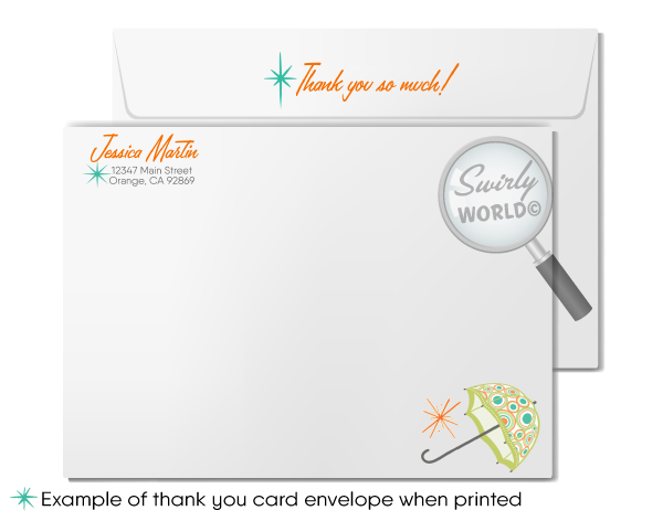 Atomic MCM 1960s mid-century modern starburst gender neutral baby shower printed thank you cards with envelopes.