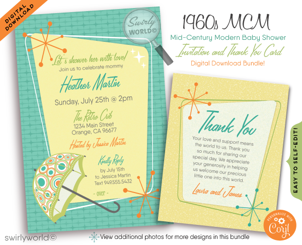 Celebrate your little one with our Vintage 1950s-1960s Mid-Century Modern Baby Shower Invitation Set! 🌟 Featuring atomic starbursts and MCM umbrella in retro colors. Includes invitations, thank you cards, and envelopes. Easily customizable with Corjl. Perfect for a stylish, gender-neutral retro-themed celebration! 🎉✨