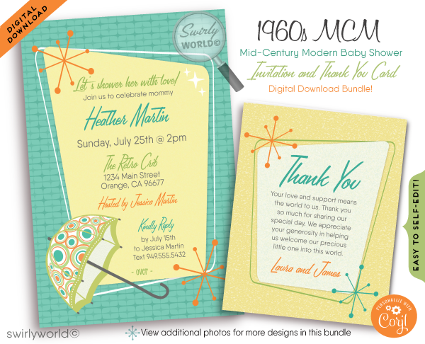 Swanky 1960s MCM mid-century modern atomic starburst gender neutral baby shower invitations and thank you card digital download bundle!